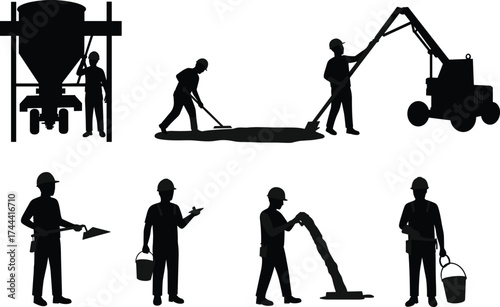 Construction workers, concrete pouring, site labor, silhouette icons, industrial tools, teamwork, cement mixer, pump truck, trowel, vibrator, bucket, inspection, building process, infrastructure