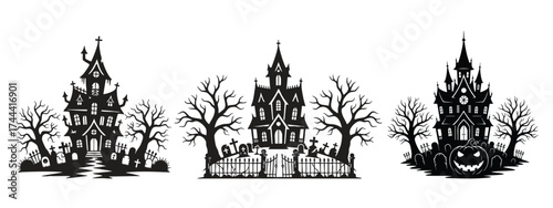 Terrifying Gothic Architecture Clipart: Isolated Haunted Palace and Forest Silhouettes for Holiday Design