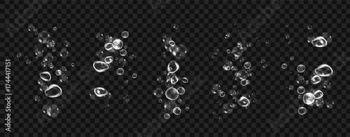 Set of clean water bubbles with sparkle shine and detergent trail on a transparent dark background.