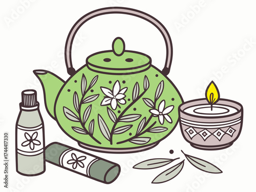 Herbal tea pot and spa set with green teapot featuring floral designs, essential oil bottle, and candle. Relaxing herbal tea pot and spa set enhances wellness routines for spa enthusiasts.