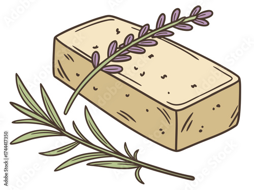 Natural soap bar with herbs and lavender sprig isolated on transparent background. Herbal natural soap bar complemented by rosemary and lavender, ideal for personal care and wellness.