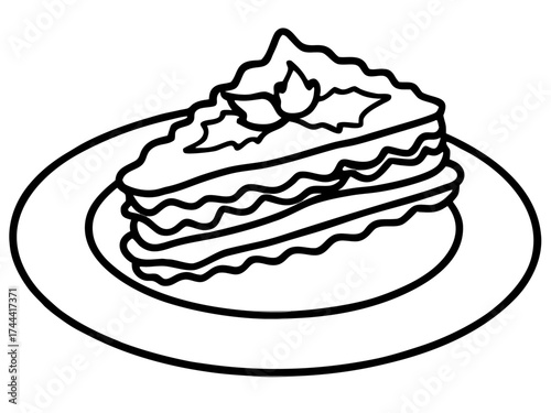 A delicious lasagna on a plate with layers of pasta, cheese, and sauce, garnished with fresh herbs in a minimalist style. Lasagna concept for a restaurant menu.