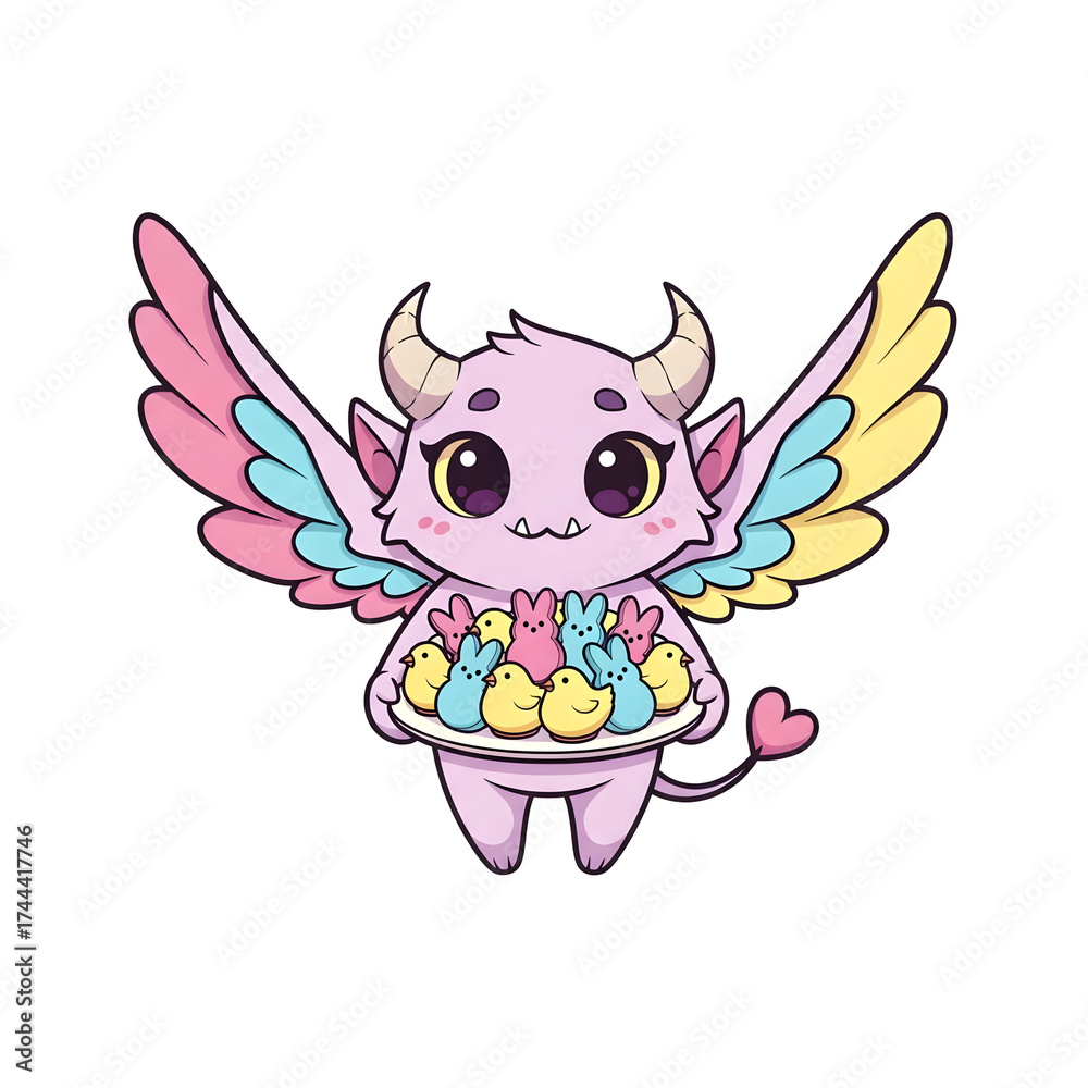 Fototapeta premium A cute cartoon demon with colorful wings and horns holds treats on a plate, created in a pixelated art style. The image features a transparent background.
