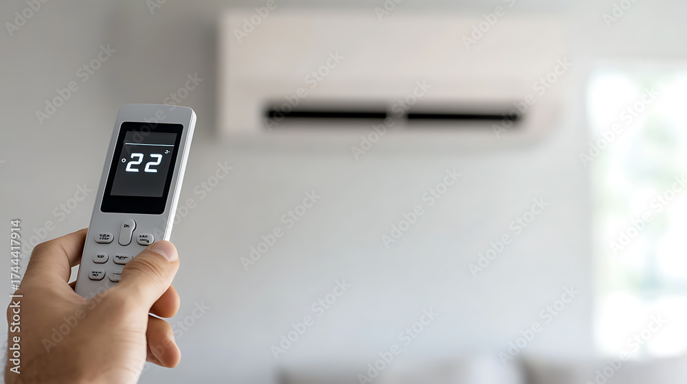 Fototapeta premium Adjusting the thermostat with remote control in a modern, bright room. Indoor temperature control for comfort and energy saving.