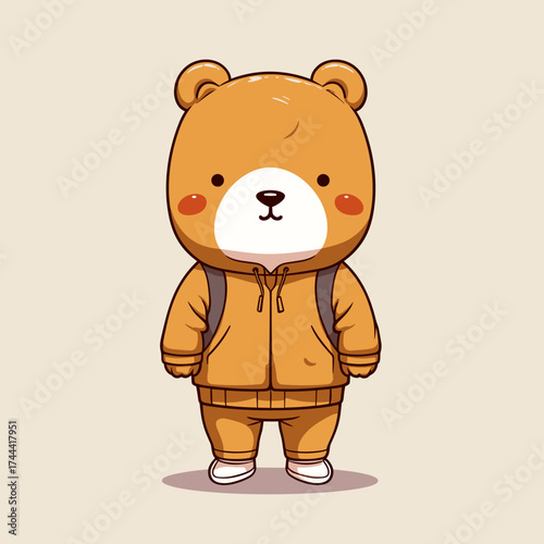 An adorable brown bear in orange hoodie, backpack, pants, and white shoes, standing with big eyes and rosy cheeks. Perfect for kids' books, stickers, or playful designs
