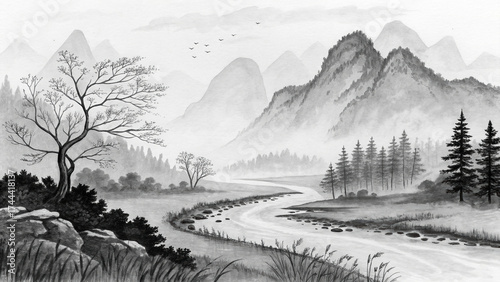 Serene ink and brush landscape on rice paper with flowing river and soft mountains. Tranquil scenery features bare tree, distant peaks, and lush forests, evoking peace and calm for art lovers.