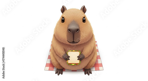 Cute capybara holding sandwich on picnic blanket. Capybara enjoys delicious food with tranquil settings, relaxing on red and white checkered blanket.