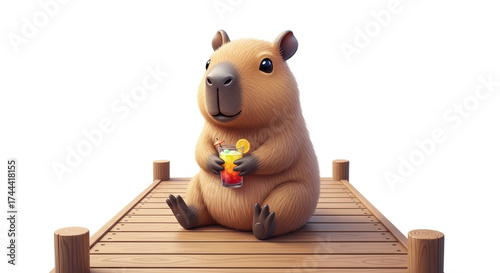 Cute capybara enjoying drink on wooden dock. Capybara sits comfortably with refreshing cocktail amidst summer vibe. Perfect imagery for fun summer concepts and animal-themed projects.