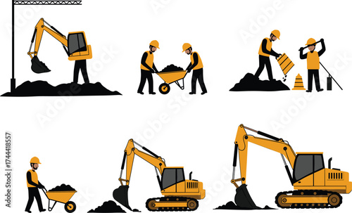 Construction workers, excavators, teamwork, dirt lifting, site operation, wheelbarrow, shovel, crane, barrier, traffic cone, heavy machinery, urban development, labor, engineering, infrastructure