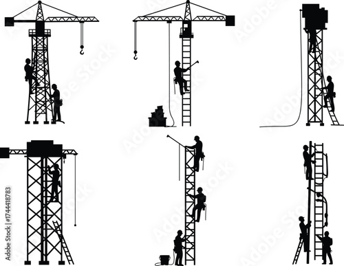 Construction workers, cranes, silhouettes, industrial site, climbing workers, heavy machinery, engineering, safety gear, urban development, teamwork, scaffolding, lifting, labor, structure