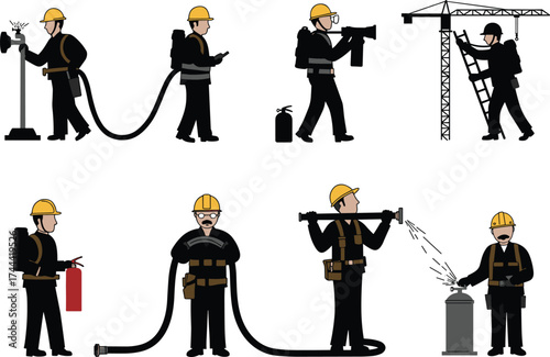 Construction workers, firefighting team, industrial safety gear, maintenance crew, emergency response, hard hats, hose operation, crane climbing, hydrant use, protective equipment