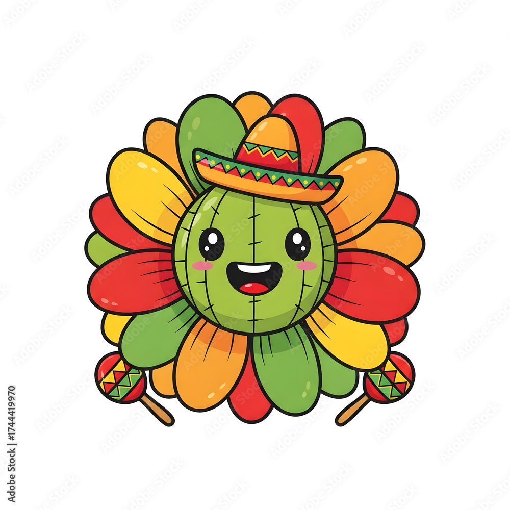 Obraz premium Cartoon sunflower wearing a hat holding maracas. Festive design with colorful petals in red green and yellow. Cheerful character isolated on a transparent background celebrating culture.