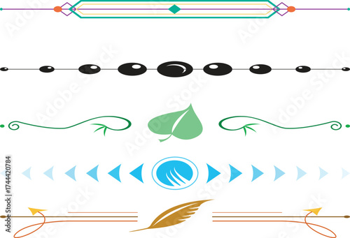 Set of colorful vector rule lines and page separators featuring nature, geometric, and abstract design motifs isolated on a white background