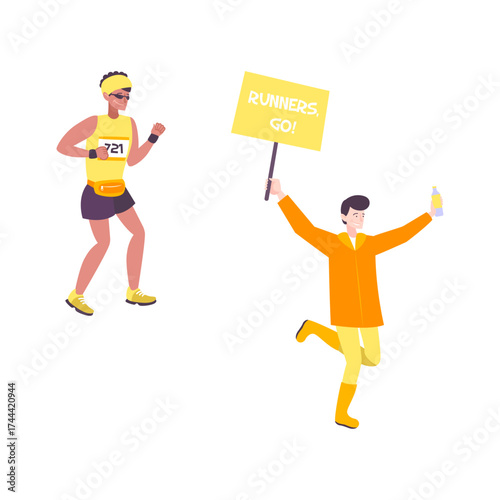 Runner with a banner and a cheering spectator holding a drink, celebrating a marathon event