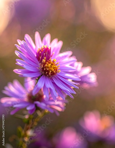 Close-up of a vibrant, light purple flower, bathed in warm sunlight. Soft focus on surrounding flowers, creating a bokeh effect