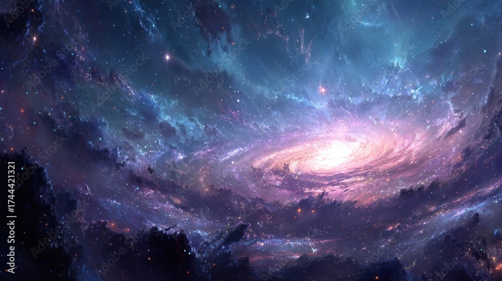 Fototapeta premium A beautiful, starry night sky with a spiral galaxy in the center. The galaxy is surrounded by clouds and stars, creating a sense of wonder and awe. The image evokes a feeling of vastness and mystery