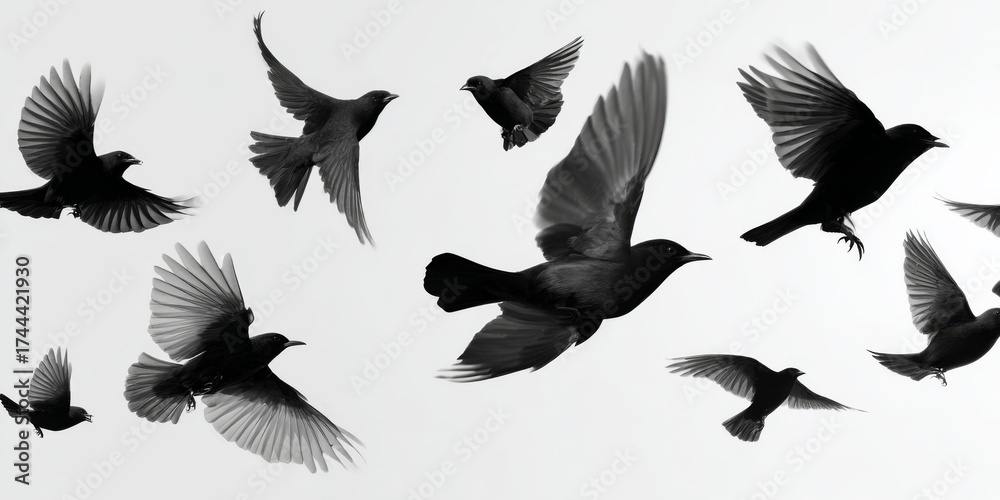 Fototapeta premium Elegant Silhouette Design of Flying Birds in Various Positions on a Clean Background for Artistic and Creative Projects