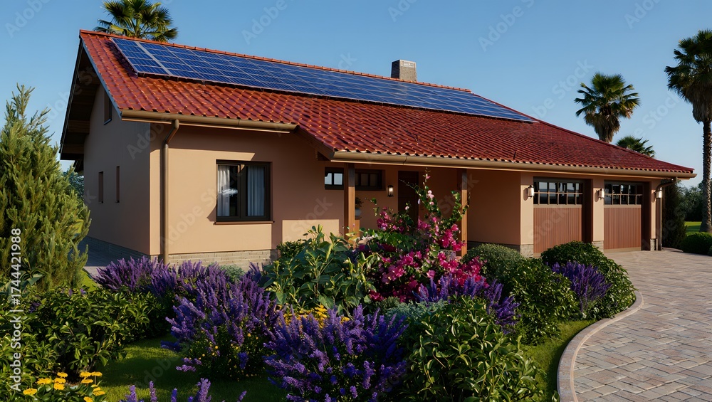 Fototapeta premium Suburban home with solar panels and colorful garden in front
