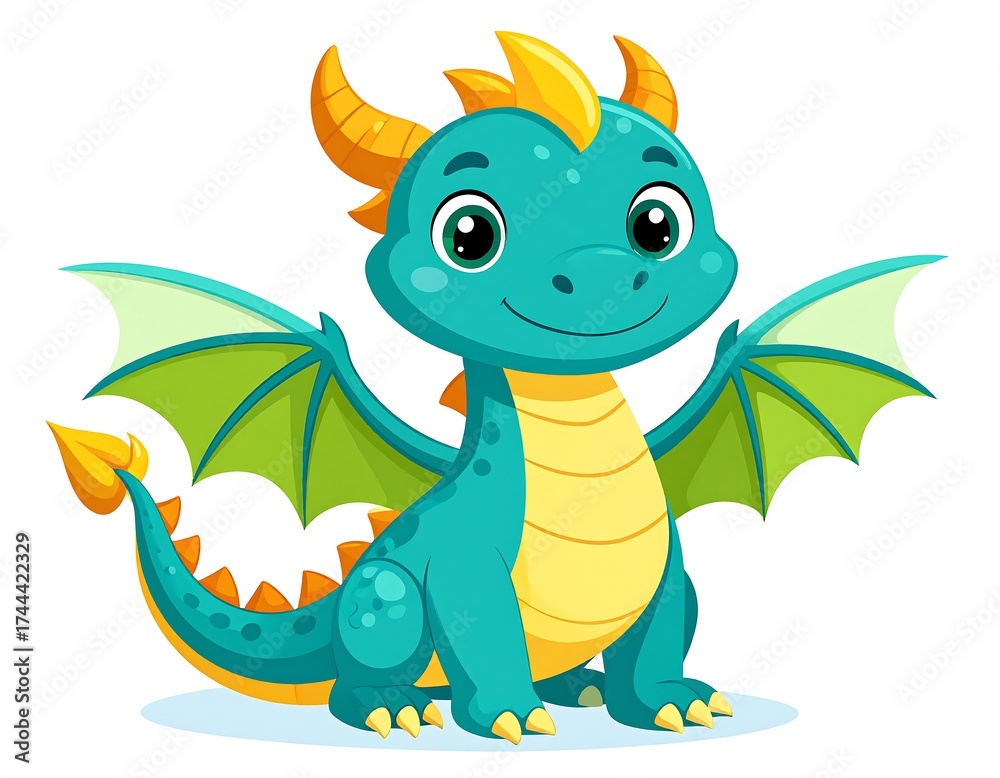 Naklejka premium Cute teal dragon with outstretched wings. Smiling, cartoon dragon with large eyes, light teal body, green wings, yellow horns and tail. Vibrant colors on a white background