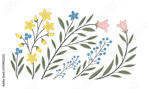 Botanical Floral Elements Set – Wildflower Branches & Leaves – Flat Vector Illustration, easily editable and scalable.