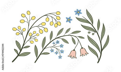 Botanical Floral Elements Set – Wildflower Branches & Leaves – Flat Vector Illustration, easily editable and scalable.