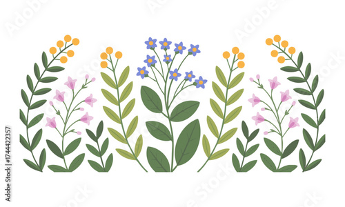 Seamless Wildflower Botanical Pattern – Flat Vector Floral Leaves & Berries on White, Minimal Clean Design