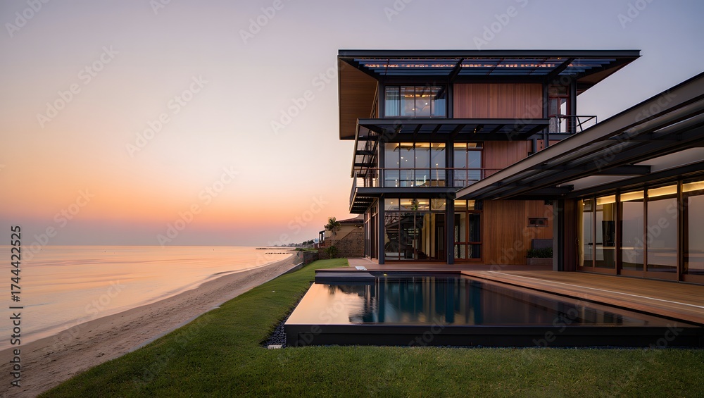 Fototapeta premium Modern beachfront villa with infinity pool at sunset