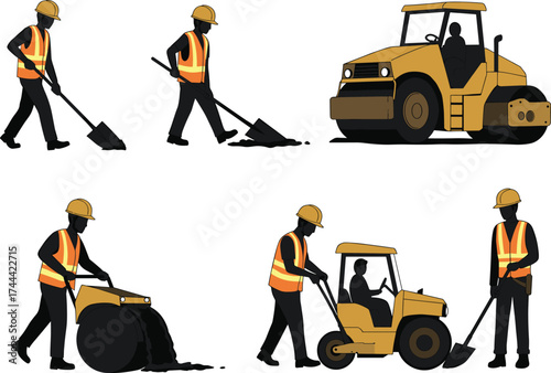 Construction workers, road roller, asphalt paving, safety gear, infrastructure, teamwork, heavy machinery, roadwork, maintenance, shovel, compacting, urban development, labor, engineering