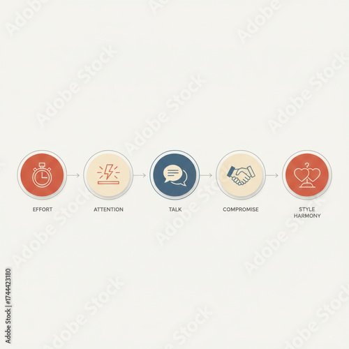 Flat vector infographic showing steps to style harmony: effort, attention, talk, compromise, and balance. Minimal pastel design. Vector illustration