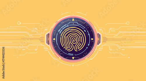 Digital Fingerprint Scanner with Circuitry and Glowing Lines on Yellow Background security technology.