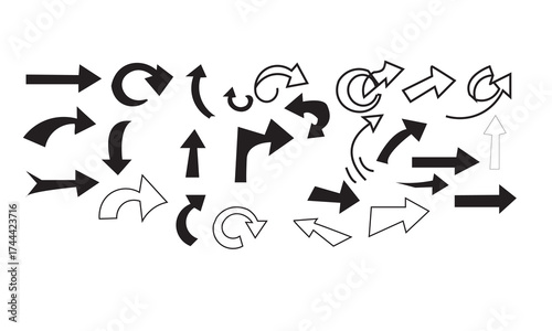 Collection of hand drawn arrow icons and symbols showing direction and movement