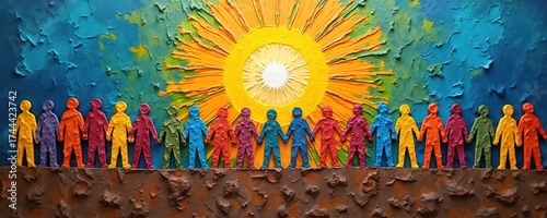 Diverse people hold hands united under bright sunburst. Colorful textured figures represent global community togetherness, hope, inclusion. Abstract art depicts humanity connection, shared future.