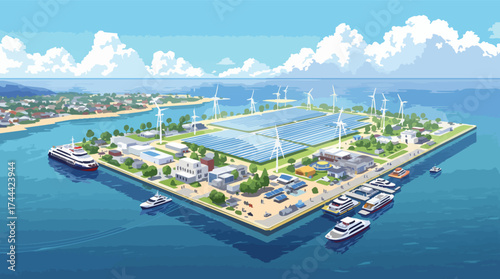 Futuristic island city powered by renewable energy with solar panels and wind turbines vector illustration.