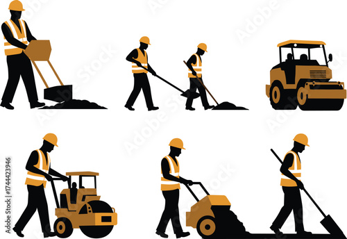 Construction workers, roadwork, paving, asphalt, machinery, safety gear, teamwork, infrastructure, compacting, manual labor, urban maintenance, heavy equipment, reflective vests, tools, engineering