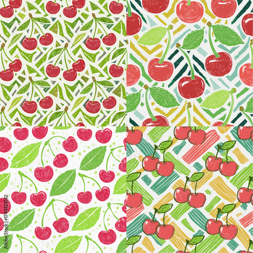 Seamless cherry patterns with green leaves and red fruits.