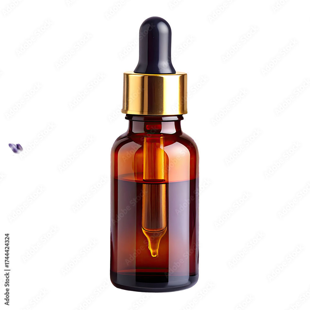 Naklejka premium Amber glass bottle with dropper, golden top, filled with clear liquid, isolated on black