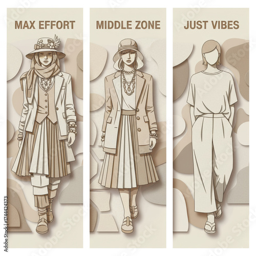 Stylized paper cut illustration showing three fashion styles from elegant to casual: max effort, middle zone, and just vibes. Vector illustration