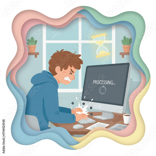Angry man sitting at desk as computer freezes with processing message. Funny illustration about technology frustration and stress.. Vector illustration