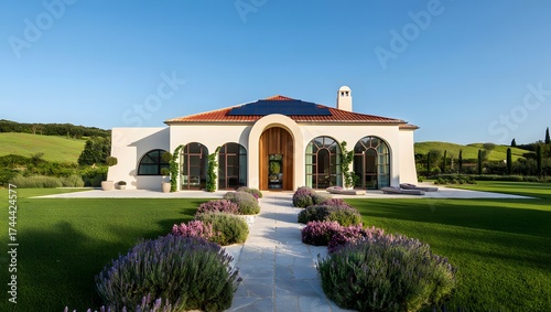Fototapeta Naklejka Na Ścianę i Meble -  Beautiful Italian villa roof of Solar panels with arched windows and flower garden