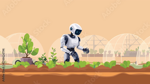Robot tending to plants in a greenhouse with rows of vegetables and trees gardening agriculture.