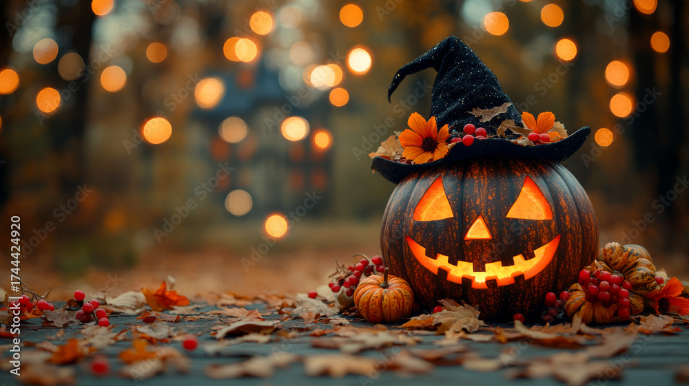 Naklejka premium Pumpkin lights for Halloween!. A carved pumpkin with a smiling face sits among autumn leaves, glowing softly with lights in the background.