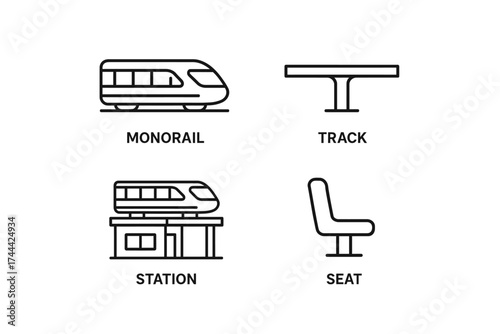 Monorail transportation icons: train, track, station, seat in line art