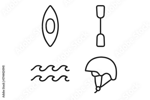Kayaking essentials: boat, paddle, waves, helmet icons for adventure gear