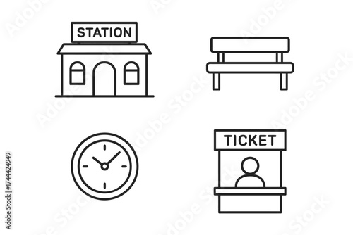 Train station icons: building, bench, clock, and ticket booth symbol set