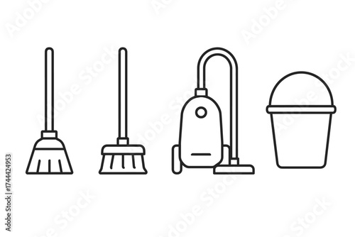 Outline icons of cleaning tools: broom, vacuum, mop, and bucket