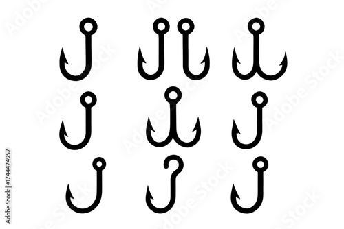 Variety of fishing hooks black metal collection on white background