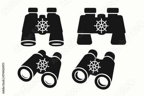 Set of nautical-themed binocular icons with ship wheel design