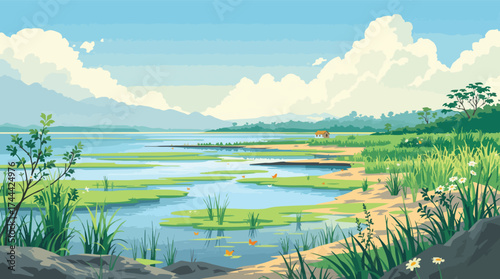 Serene landscape of a calm lake with marshy islands, green vegetation, and distant mountains.
