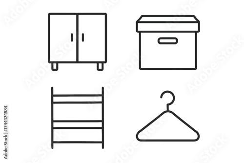 Minimalist storage icons: cabinet, box, shoe rack, hanger line art