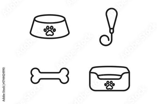Simple pet care icons: bowl, leash, bone, bed with paws